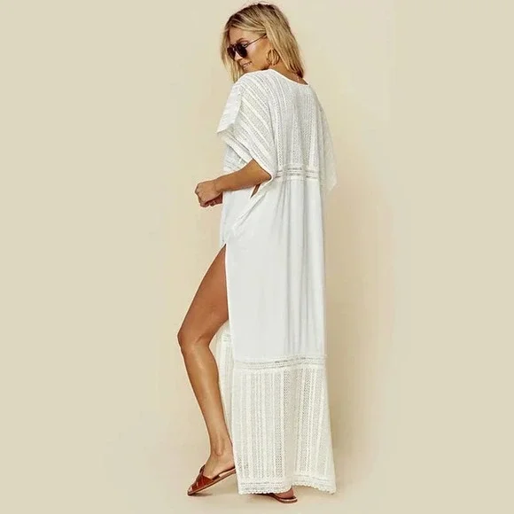 New Bohemian White Caftan Swimsuit Coverup Maxi Dress - Picture 4 of 6